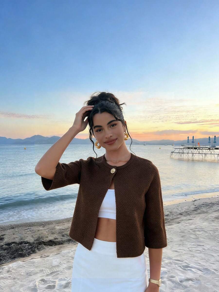 MORI Brown Elegant Minimalist Round Neck Short Sleeve Knit Sweater For Women, Spring/Summer New Casual Loose Comfortable Cardigan, Suitable For Daily, Work, Beach Holiday - Brown - View 1