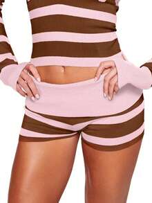 Women Y2k Fold Over Knit Shorts Striped Elastic Waist Low Rise Boycon Crochet Lounge Bottoms Stretchy Pjs Boyshorts Sleepwear Loungewear Streetwear - 粉色 - 查看 2