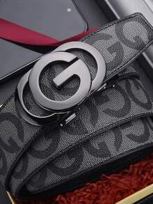 男士时尚百搭字母金色自动扣皮带 - 黑色仿皮，压纹设计，皮革质感，商务或休闲场合的完美节日礼物 - 彩色 - 查看 2