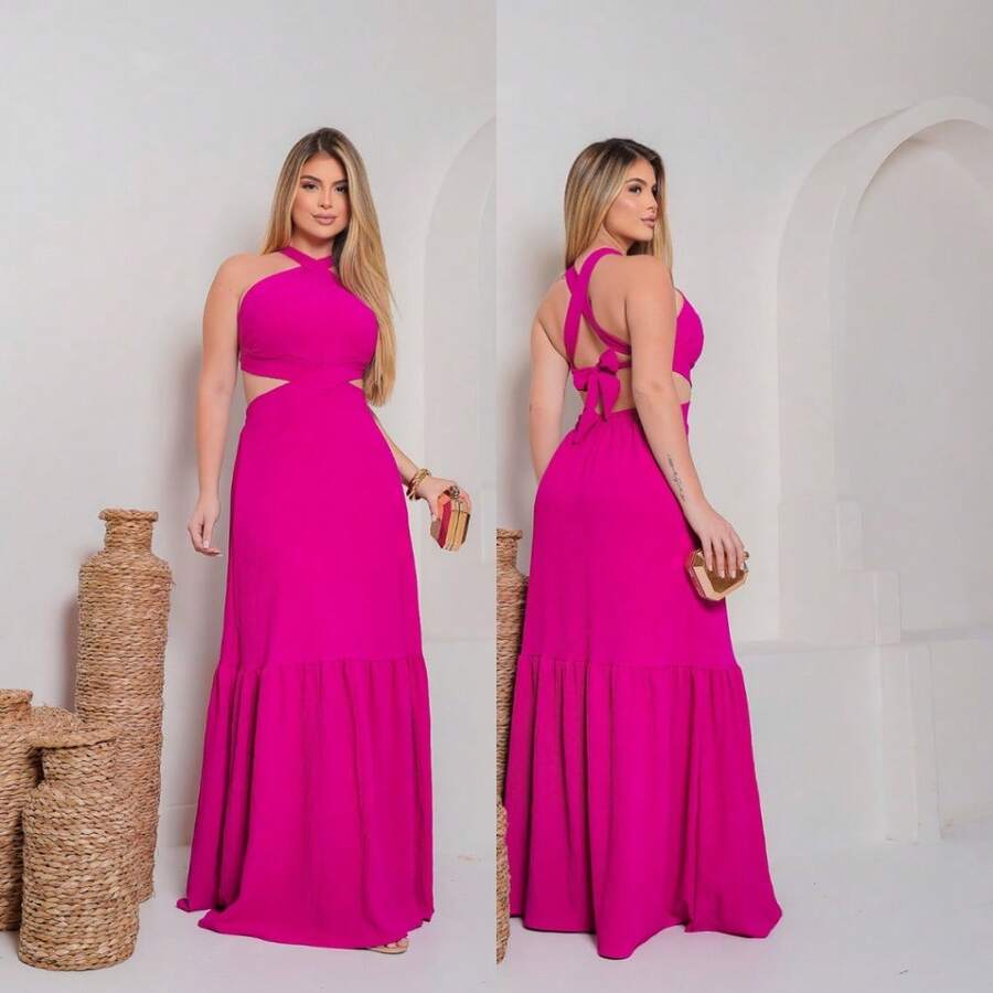 Long Ruffle Dress With Triangle Front And Cross Detail At The Waist - Rose Red - View 1
