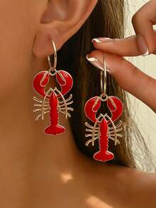 1件春夏度假风珐琅龙虾吊坠C形耳环，时尚优雅女士首饰，海洋主题沙滩戒指，适合度假、送礼、派对 - 金黃色 - 查看 6