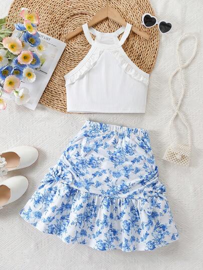 2pcs/Set Girls Casual Outdoor Halter Backless Ruffle White Top & Sweet Retro Chinese Porcelain Ditsy Floral Mini Skirt Set, Summer