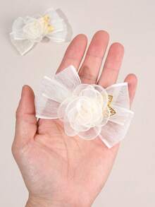 2pcs Beige Tulle Hair Bows For Girls Rose Shaped Decor Bow Alligator Clips Elegant Wedding Hair Clips Vacation Barrettes Simple Daily Hairpins Teens Hair Accessories - Beige - View 3