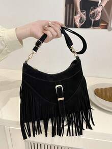 1 Peça Bolsa Transversal Casual Versátil com Zíper Liso, Decoração com Borla em Couro PU Preto, Adequada para Uso Diário de Mulheres - Preto - Visão 4