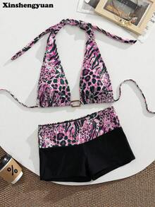 2pcs/Set Sexy Women Halter Neck Leopard Print Bikini Top With Black Swim Shorts Bikini Set - Multicolor - View 10