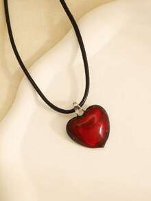 1件时尚优雅的酒红色心形蜡绳项链，适合女性节日佩戴 - 酒紅色 - 查看 1