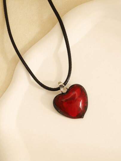 1pc Fashionable & Elegant Wine Red Heart Wax Cord Necklace, Suitable For Women To Wear On Holidays