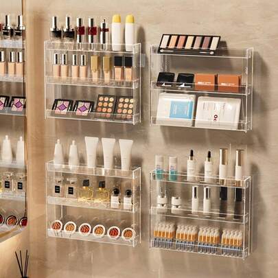 1pc 3-Tier Acrylic Wall Mounted Display Shelf, Makeup Organizer Box, Cosmetic Storage Rack For Lipstick, Skincare, Perfume, Glasses, Household Items, Living Room Cabinet