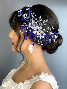 1 pezzo Fascia per capelli di lusso da donna, fascia con perle finte e cristalli blu, accessorio per capelli da sposa, fermaglio per capelli in lega con fiore, decorazione per capelli da matrimonio occidentale, accessorio per fotografia, accessorio per feste, souvenir, regalo per vacanze, regalo per appuntamenti - Blu - Visualizzare 7