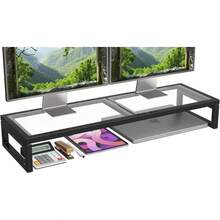 Soporte Elevador para Monitor Doble Organizador de Escritorio de Computadora de Vidrio Templado con Alfombrilla para Ratón para Laptop iMac TV Negro-147 - Cristal - Ver 2