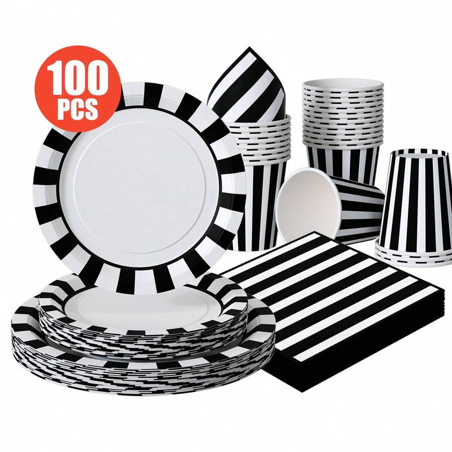 25件套黑白条纹一次性餐盘、餐巾纸、杯子 - 一次性派对用品套装，适用于生日、婚礼、主题派对、家庭野餐 - 彩色 - 查看 1