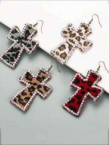 1 Pair Y2K Style Shiny Crystal Pink Leopard Print Criss-Cross Earrings, Sexy & Charming Retro Gothic Style Jewelry Accessory, Punk Rock Halloween Gift - Gothic - View 2