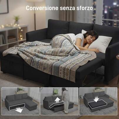  HOMCOM Divano Letto 3 Posti con Chaise Longue Convertibile, Divano Angolare Estraibile con Penisola, Vano Portaoggetti e 3 Cuscini Sfoderabili, in Tessuto Effetto Lino, 192x148x86cm, Grigio Antracite