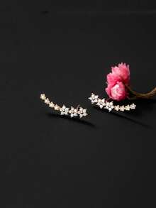 Rose Gold Rhinestone Flower Ear Climber | Crawler Earrings For Women - Silver - View 5