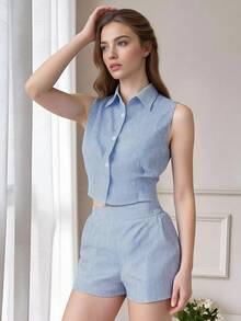 Bộ đồ nữ kẻ sọc dáng rộng, khoét lỗ, thích hợp mặc ở nhà và đi biển, mùa xuân/hè. - Rửa nhẹ - Xem 6
