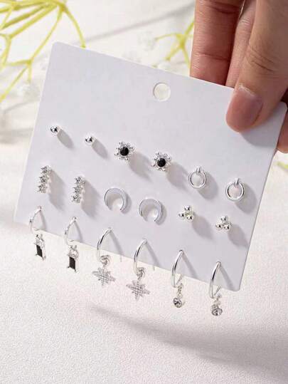 9 pares de pendientes de aro mini delicados en tono plateado, adecuados para el uso diario de las mujeres