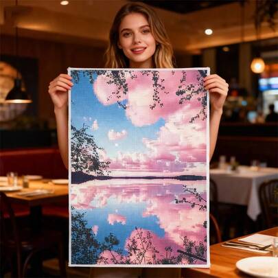 LaoJieYuan 2026新款DIY印花帆布湖面倒影客厅卧室全套刺绣十字绣套件刺绣针线活礼品DIY套件工艺品刺绣套件十字绣套件钩针套件戳绣套件缝纫配件缝纫套件绣线工艺套件针线材料缝纫图案钩针工艺用品刺绣套件初学者缝纫图案