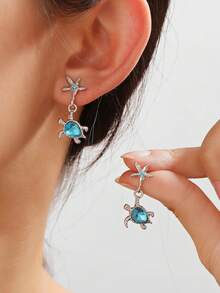 1 Pasang Anting-Anting Kartun Lucu Serbaguna Gaya Pantai Liburan Laut Bertema Kura-kura & Bintang Laut - Baby Blue - View 7