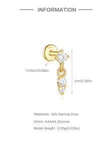 1件装925纯银防过敏耳钉，女士经典耳钉，耳廓耳软骨平底设计，适合日常佩戴、婚礼、派对、订婚等场合，精美珠宝。 - 金色 - 查看 7