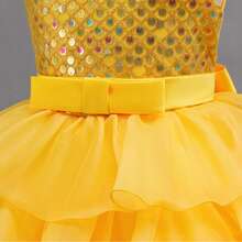 女童亮片蓬蓬蛋糕裙公主裙斜肩派对礼服花童礼服婚礼生日宴会走秀钢琴演奏会晚礼服 - 黃色 - 查看 7