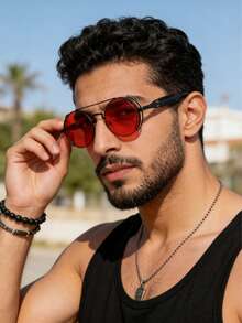 一副男士圆形金属时尚眼镜，蒸汽朋克未来主义科幻风格，适合音乐节和日常佩戴。 - 圓形 - 查看 3