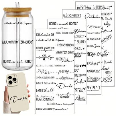 4 Stücke Deutscher Warm Zuhause UV DTF Transfer Aufkleber Set - Selbstklebende Bügelmuster mit deutschen Phrasen (Hallo, Glücklich, Liebe, Zuhause) - Glänzend, geeignet für DIY, Hochzeiten, Einweihungsparty und mehr
