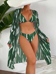 3pcs/Set Sexy Printed Women's Bikini Swimsuit, Hot Selling Summer Swimwear - Dark Green With White Background - View 1
