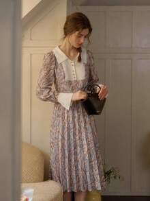 Simple Retro Women's Spring Doll Collar Stitching, Contrasting All-Over Print, Elegant Temperament, Loose Casual Long Dress - Gray Blue - View 7