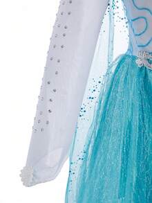 3pcs/Set Girls Blue Princess Dress, Mesh Design Long Sleeve Children Dress, Girls Party Costume, Suitable For Holiday Party, Children Holiday Gift - Blue - View 5