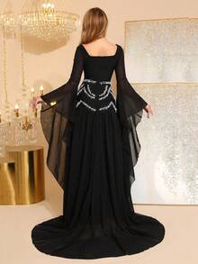 Modphy Vestido de fiesta de manga larga con hombros descubiertos, pedrería y cristales, estilo capa, para mujer, color negro, para bodas y fiestas de primavera, nuevo otoño 2024 - Negro - Ver 6