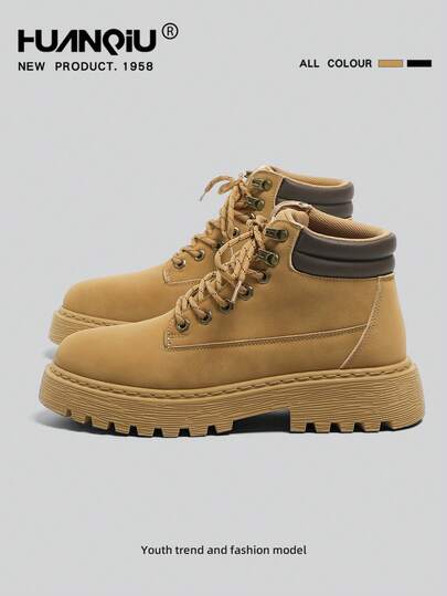  HUANQIU Classic Black Boots For Men, 2026 Autumn/Winter, Height-Increasing Platform, Outdoor Casual British Style Ankle Boots