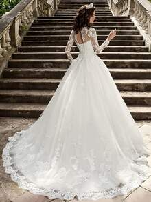 Elegant Romantic A Line Backless Long Sleeves Lace Appliqués Tulle Wedding Dress Registration,Evening Party Dress Birthday Party Dress,Romantic Church Ceremony Wedding Dress,Suitable For Wedding,Dating,Party,Singles' Party,Vacation,Formal Occasions,Dinner Dress,Prom Dress,Homecoming Dress,Cocktail Party,Wedding Guest Dress,Graduation - trắng - Xem 1