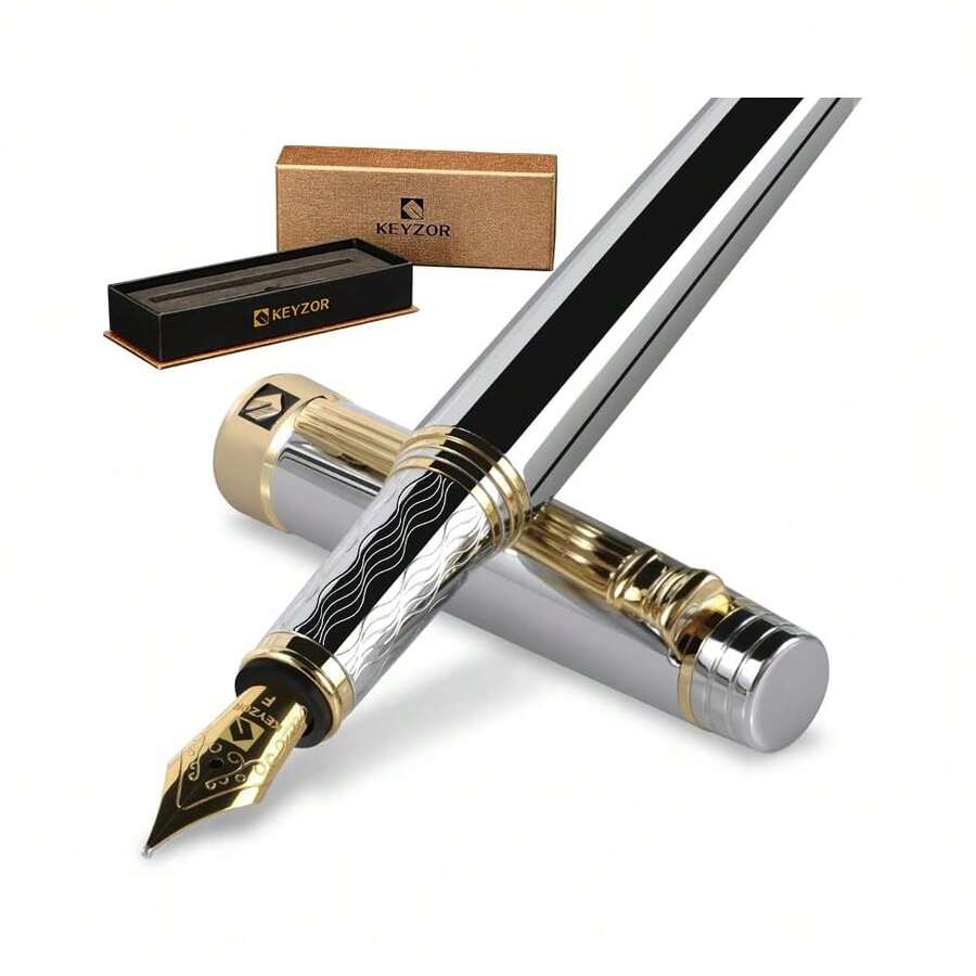 KEYZOR Schwarzer Füller Set, Füllfederhalter edel mit 24k vergoldetem Fein Nib, TintennachfüllkonVe..rter, Bestes Geschenk für Herren und Damen, Manager, Führungskräfte | Geschenkbox-8724 - Plata - Ver 1