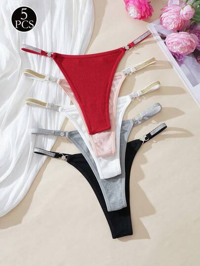5件套女士休闲舒适多色丁字裤，弹性面料内衣套装，中号
