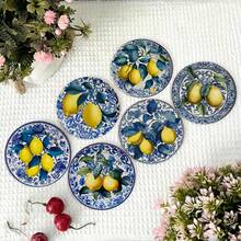 6/8pcs Mediterranean Lemon Pattern, Blue & White Porcelain Design, Round Wooden Coaster Set, Suitable For Patio, Kitchen, Living Room, Home Gathering, Dining Table Decor, Gift For Friends & Family, Suitable For Easter, Valentine's Day, Wedding, Birthday, Party, Home Decor Accessories - Multicolor - View 5