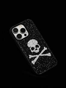 骷髅图案单件水钻骷髅骨设计全镶钻软边防震手机壳，舒适亲肤，兼容 17 Pro Max、16 Pro Max、15、14 Pro、13、12、11系列，暗黑哥特风时尚手机壳 - 黑色 - 查看 1
