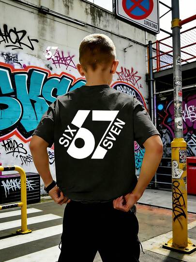 Tween Boy "67" Rolig siffra grafisk mode sommar kortärmad pojk-t-shirt, lämplig för vardags-, skol- och gatukläder