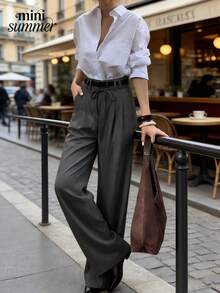 minisummmer Women's New Arrival Spring Summer Gray High-Waisted Drawstring Wide-Leg Tailored Pants - Soft Breathable Flowy Wrinkle-Resistant Elegant Valentine's Day Date Vacation Beach Party Carnival Casual Daily Office Weekend Outfits - Grey - View 2