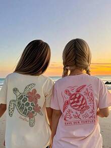 2pcs/Set Tween Girls Casual Printed Crew Neck Short Sleeve T-Shirts, Summer Tops - Multicolor - View 1