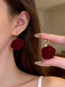 1 Pair Flocked Red Rose Flower Pendant Earrings, Cute Jewelry Gift For Women, Suitable For Daily Wear, Dates, Festivals - Rose + Earrings - View 12