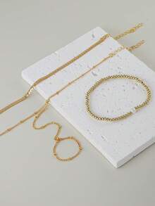 Set de 3 piezas de pulsera de cadena de dedo minimalista, cadena plana de serpiente y cuentas de CCB, adecuado para mujeres para uso diario, citas, fiestas, festivales de música y apilar - Amarillo Oro - Ver 5