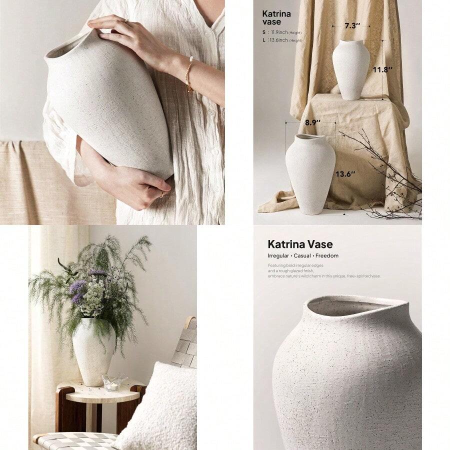 White Ceramic Vase - Large 11.8 Inch Tall Floor Vase For Centerpieces Farmhouse Rustic Minimalist Home Decor For Living Room Enterway Wedding Sandstone White - Đá sa thạch trắng - Xem 1