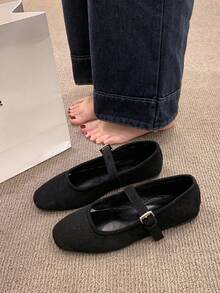 女士复古芭蕾舞鞋，舒适低跟平底鞋，系带搭扣麂皮玛丽珍平底鞋，棕色 - 黑色 - 查看 2