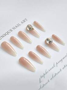 10Pcs Nude Pink Gradient Press On Nails, Stiletto Fake Nails With Diamond, Sweet Luxury Style, Budget-Friendly, Perfect For Daily & Party Looks, Easy To Use - Multicolor - View 4