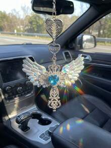 Guardian Angel Wing Cross Car Rear View Mirror Hanging Charm With Blue Crystal Heart & Love Decorative Pendant For Car Home Bag Bring Blessing & Protection On Every Drive Gift For Friends & Family - A - View 7