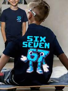 Boys' "Italian Brain Funny Number 67" Graphic Print Soft & Comfortable Fabric Fashionable Summer Top - Navy Blue - View 5