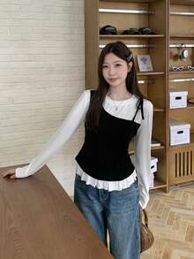 二合一圆领荷叶边修身系腰长袖T恤打底衫 - 白色 - 查看 2