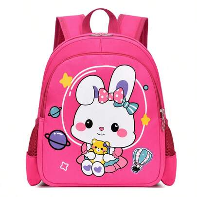 1 pieza Mochila con estampado de conejo de dibujos animados + Nailon, cierre con cremallera, estilo lindo, adecuada para la escuela, viajes, todas las estaciones