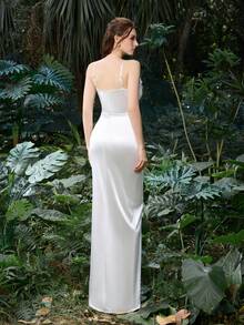 Faeriesty Elegant White Pleated Satin Maxi Dress - Sexy Bustier Style Fitted Long Evening Gown With High Slit, Suitable For Parties, Galas, Weddings, Balls - White - View 2