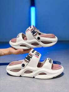 Men's New Summer Letter Print Anti-Slip Casual Slippers, EVA Lace-Up Hollow Out House Slippers - Coffee Brown - View 7